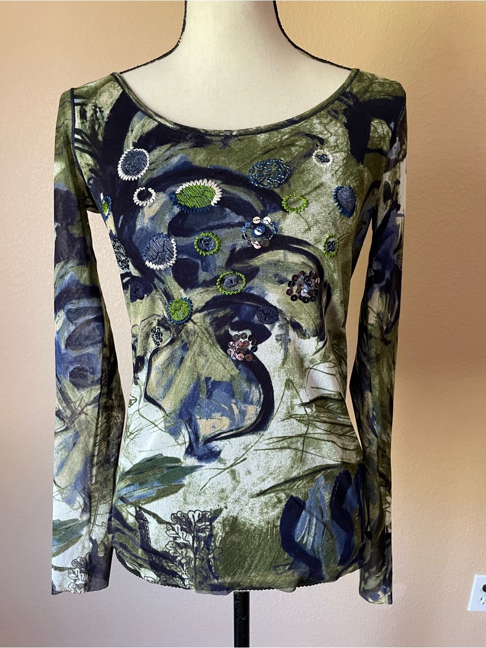 Vintage FUZZI Italy Embroidered Sequin Mesh Top Scoop Neck Long Sleeve M/L